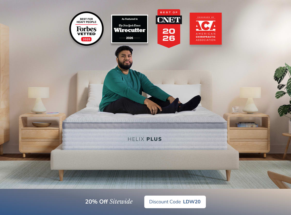 A rendered image of the Helix mattress with a callout to save 20% sitewide using code LDW20