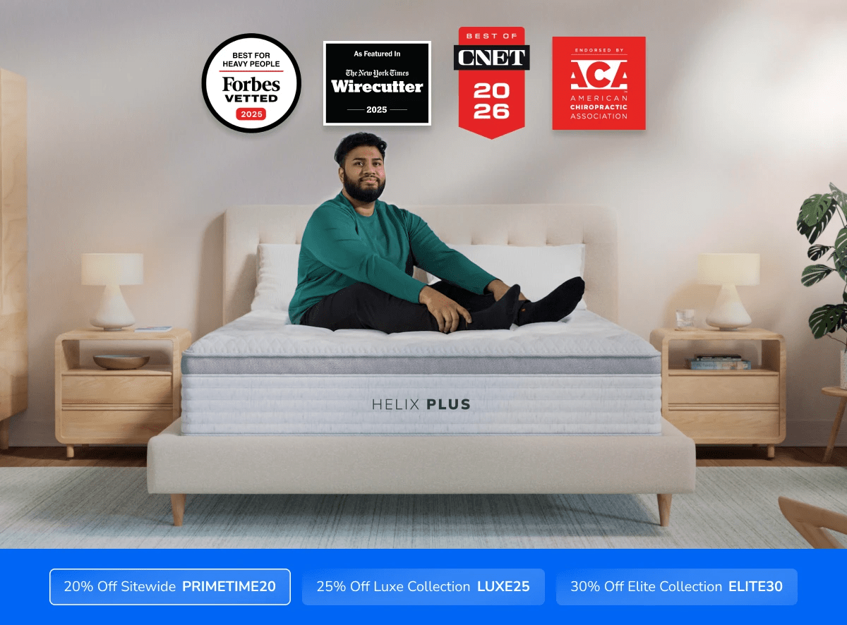 A rendered image of the Helix mattress with a callout to save 20% on your mattress using code PRIMETIME20