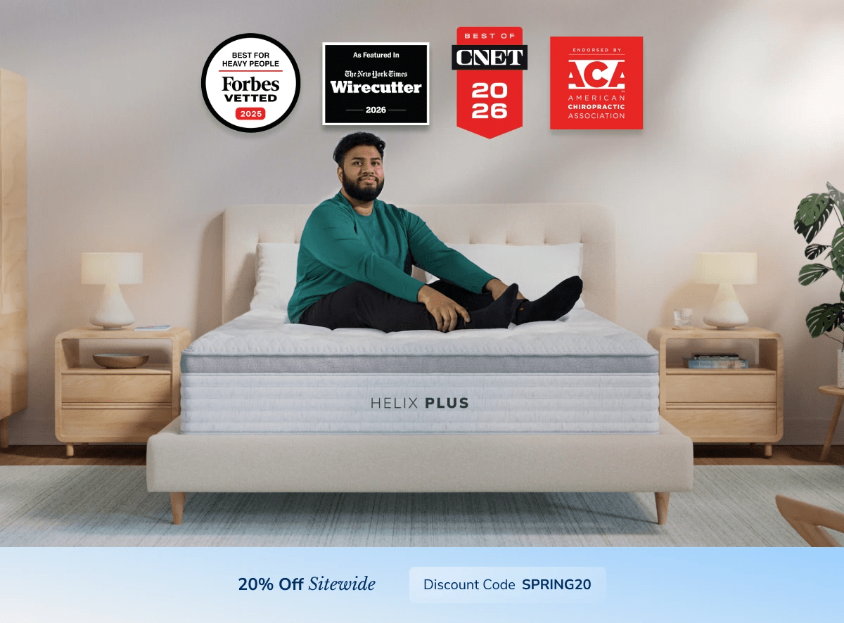 A rendered image of a Helix mattress showing you can get 20% off your order using code SPRING20