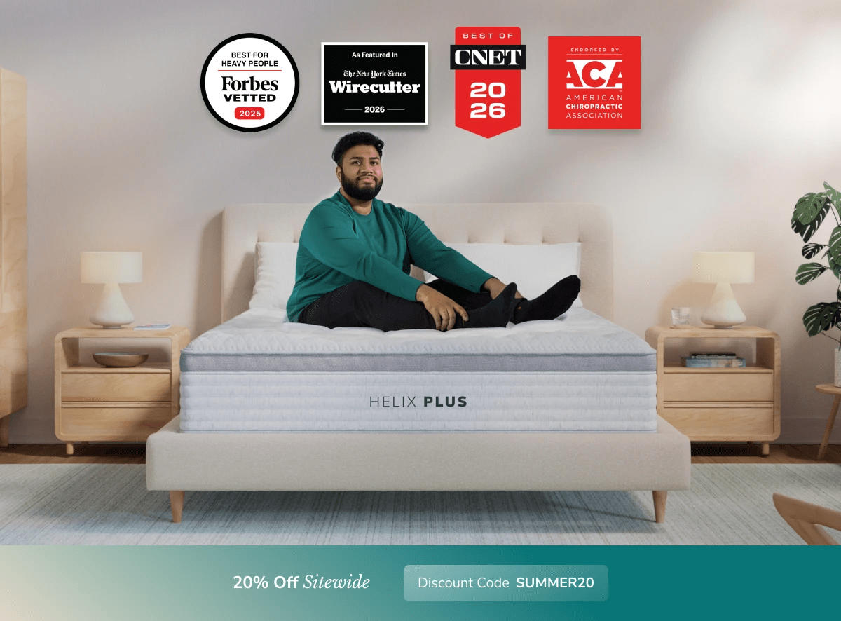 An image of the Helix Luxe mattress in a bedroom scene with a callout to 20% off your order using code SUMMER20