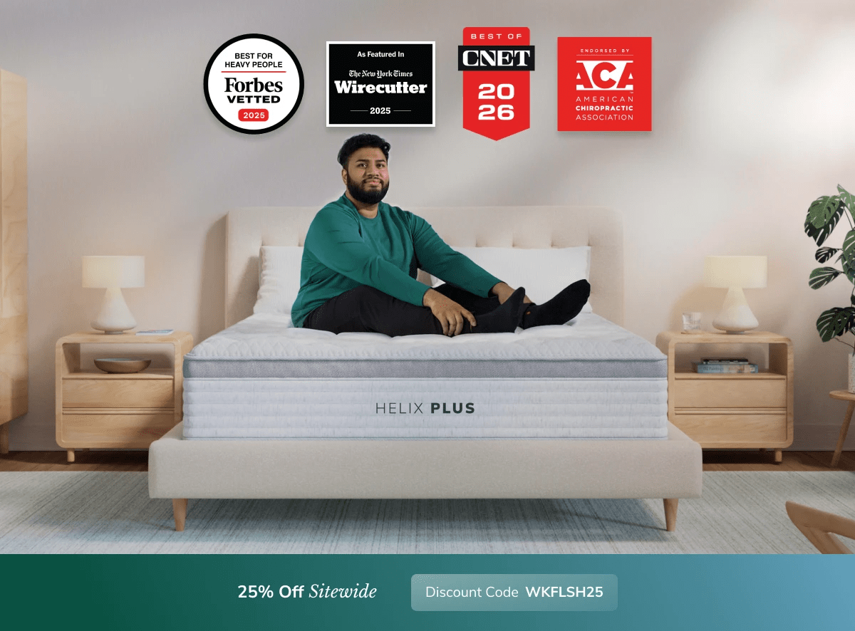 A rendered image of a Helix mattress showing you can get 25% off your order using code WKFLSH25