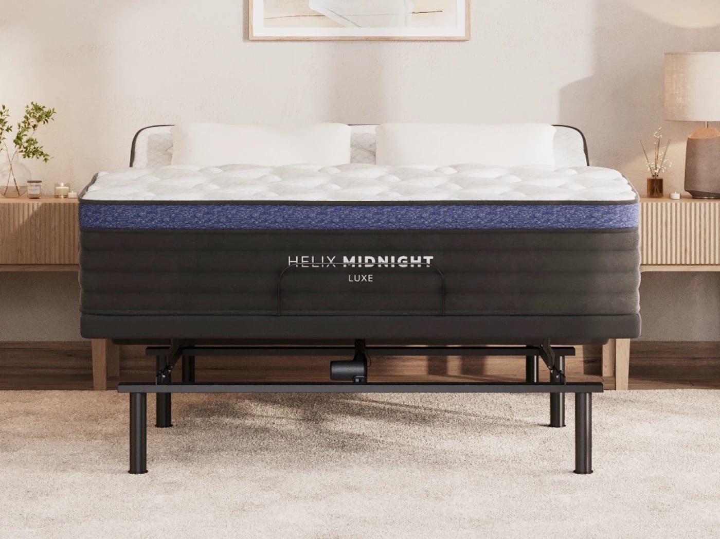A rendered image of the Helix Adjustable Base in a bedroom scene
