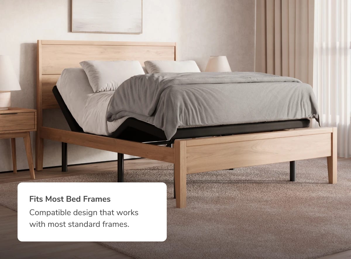 A rendered image showing the Adjustable Base with a callout that the base works great with most bed frames