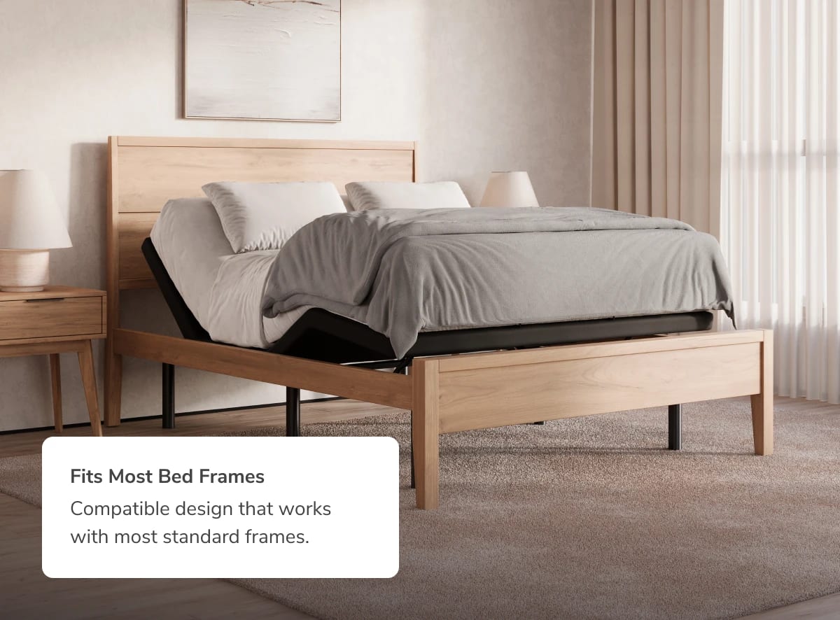 A rendered image of the Adjustable Base in a bedroom scene with a callout that the base works great with most bed frames