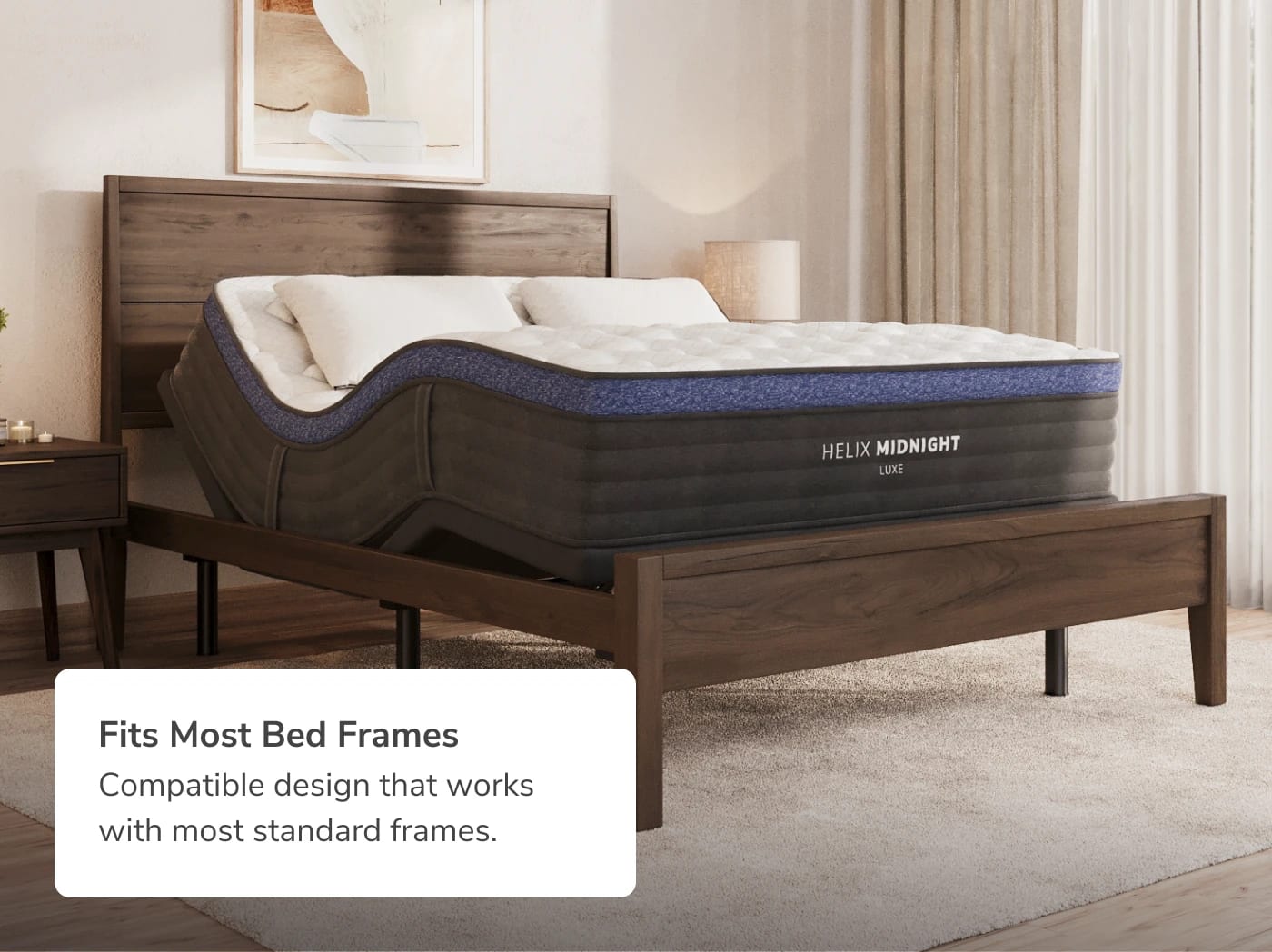 A rendered image of the Helix Adjustable Base with a callout that it fits great in most bed frames