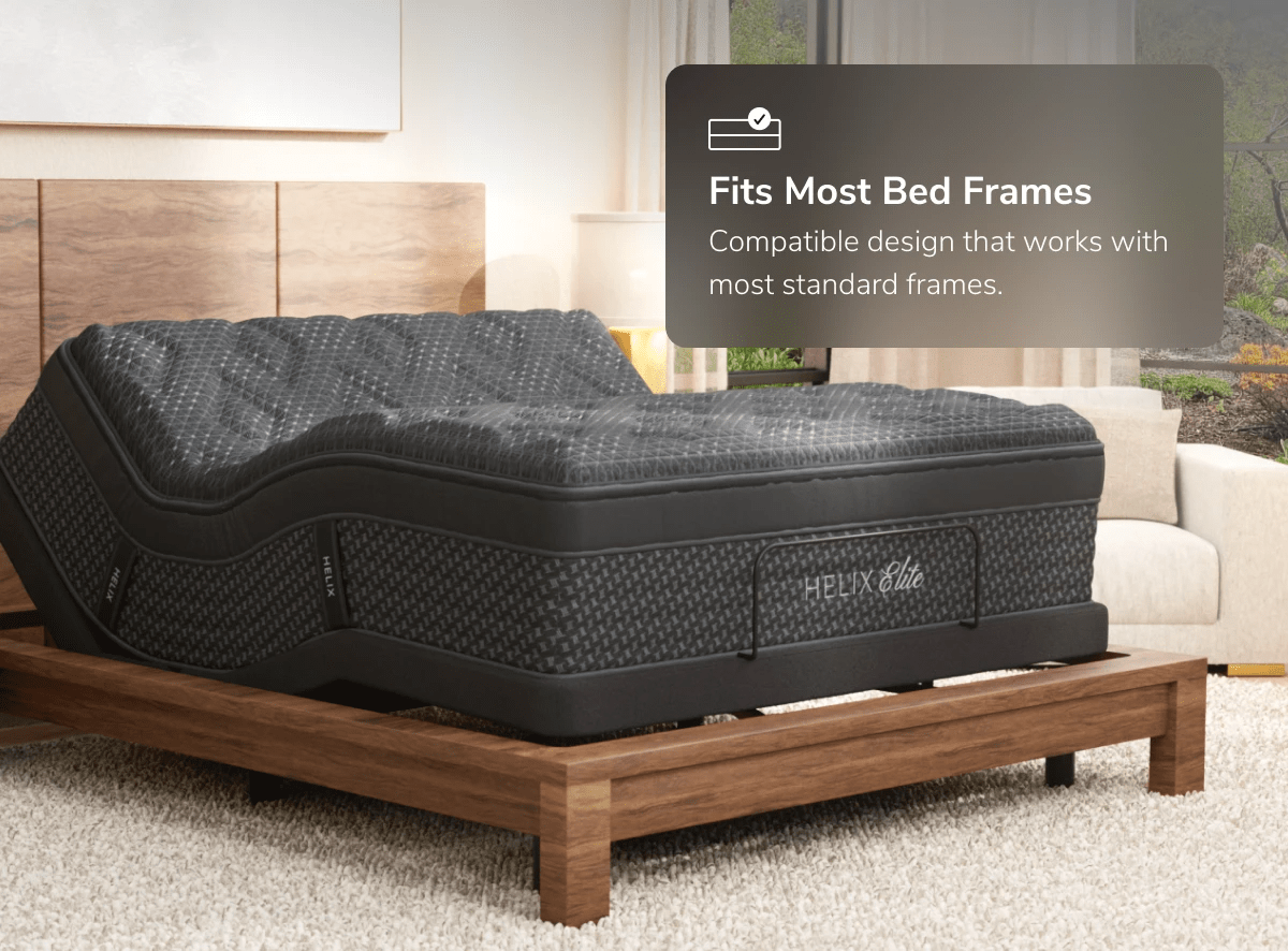 A rendered image showing the Adjustable Base with a callout that the base works great with most bed frames