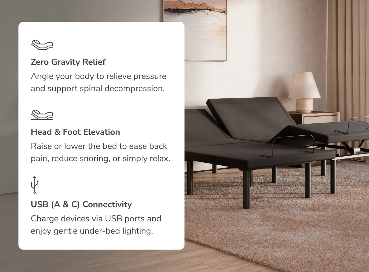 A rendered image of the Adjustable Base in a bedroom scene with a callout to its key features including zero gravity relief and head and foot elevation
