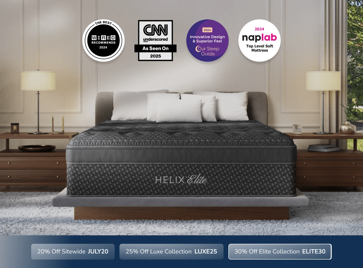 An image of the Helix Elite mattress with a callout to save 30% on Elite mattresses with code ELITE30