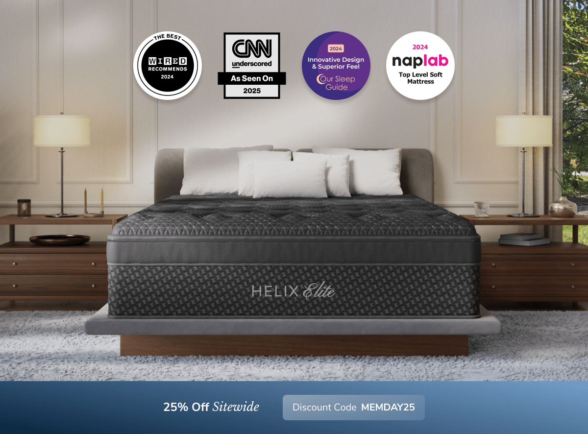 A rendered image showing the Helix Elite mattress with a callout to save 25% sitewide using code MEMDAY25