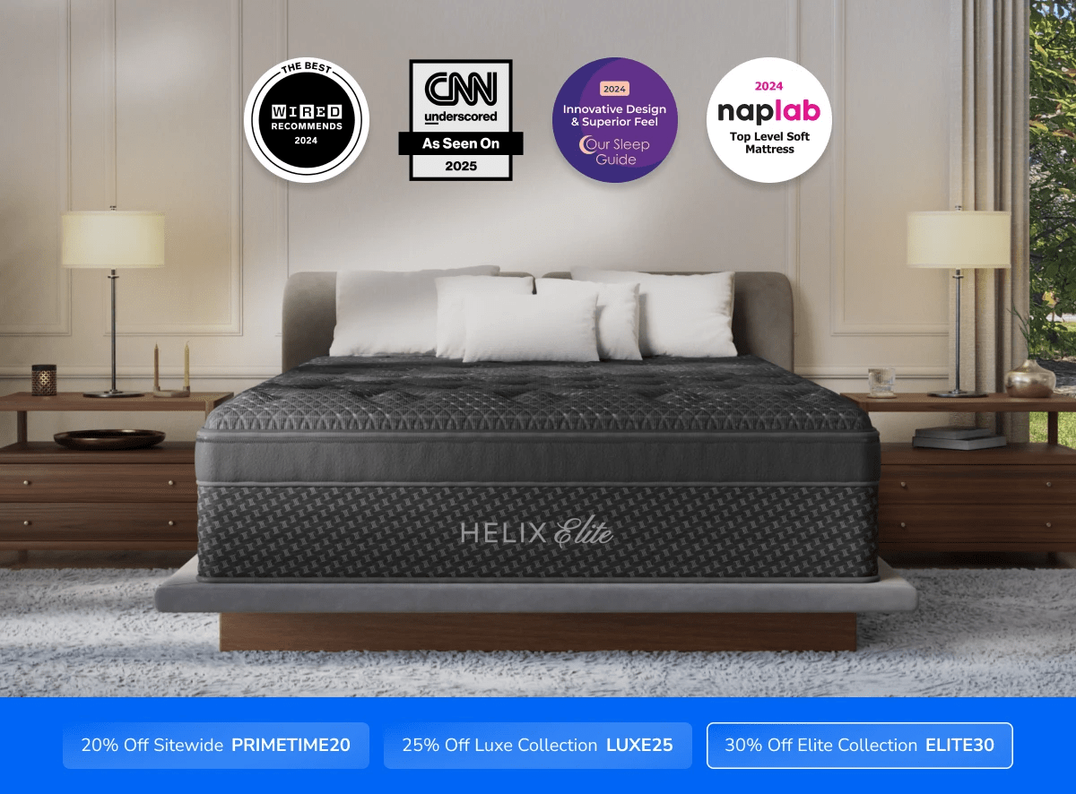 A rendered image of the Helix Elite mattress with a callout to save 30% on your mattress using code ELITE30