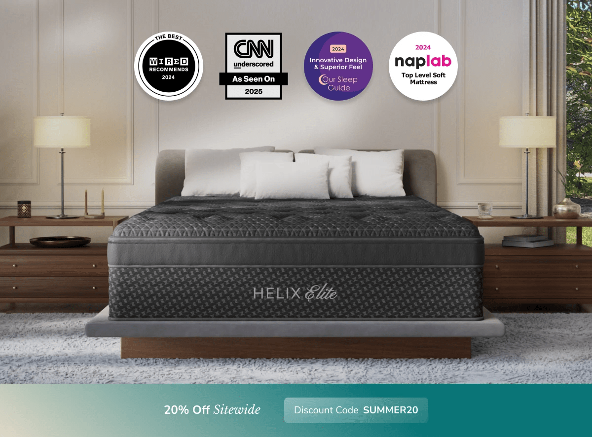 An image of the Helix Luxe mattress in a bedroom scene with a callout to 20% off your order using code SUMMER20