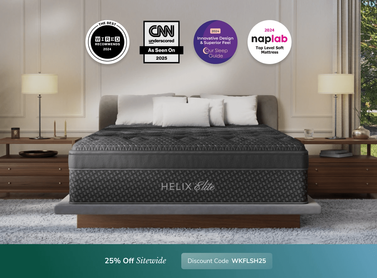 A rendered image of a Helix Elite mattress showing you can get 25% off your order using code WKFLSH25