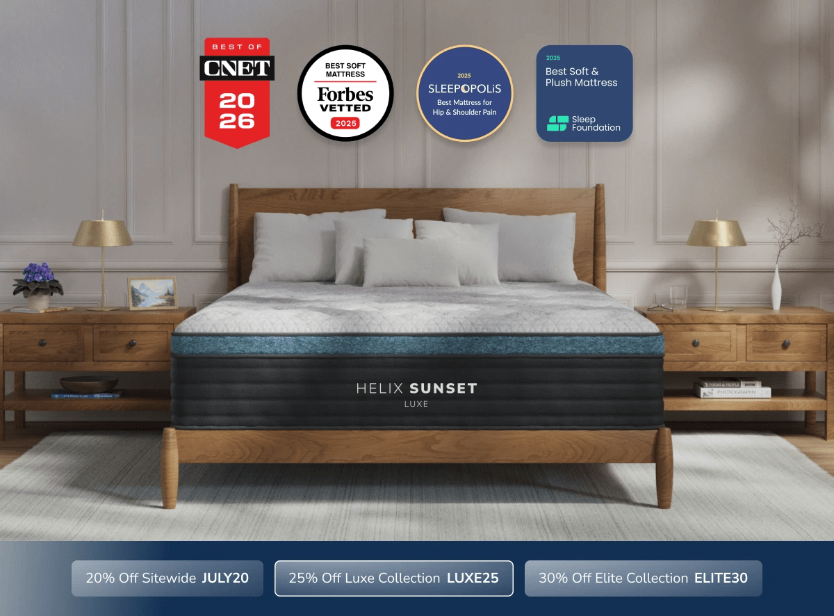 An image of the Helix Luxe mattress with a callout to save 25% on Luxe mattresses using code LUXE25