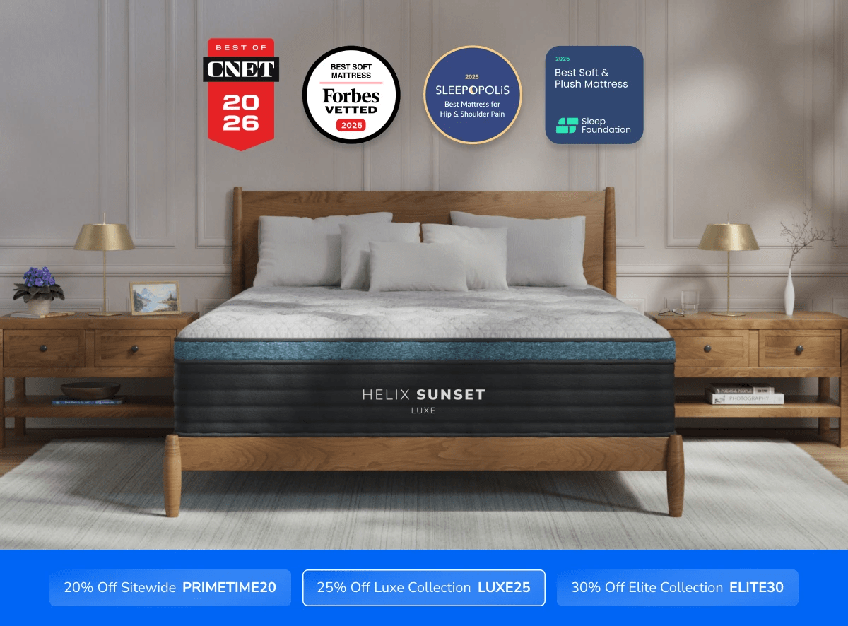 A rendered image of the Helix Luxe mattress with a callout to save 25% on your mattress using code LUXE25