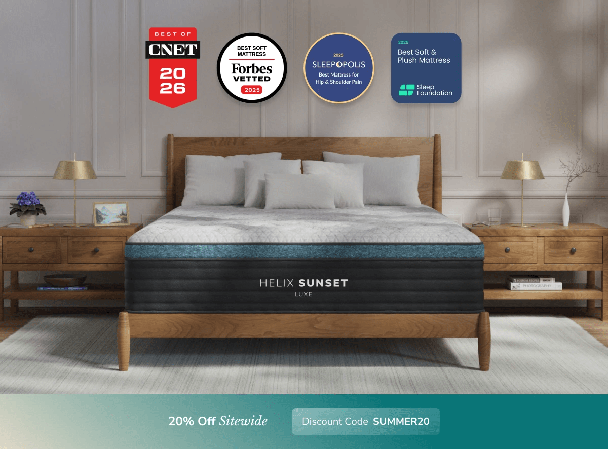 An image of the Helix Luxe mattress in a bedroom scene with a callout to 20% off your order using code SUMMER20