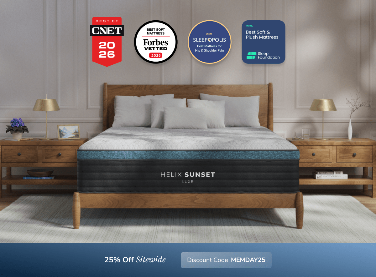 A rendered image showing the Helix Luxe mattress with a callout to save 25% sitewide using code MEMDAY25
