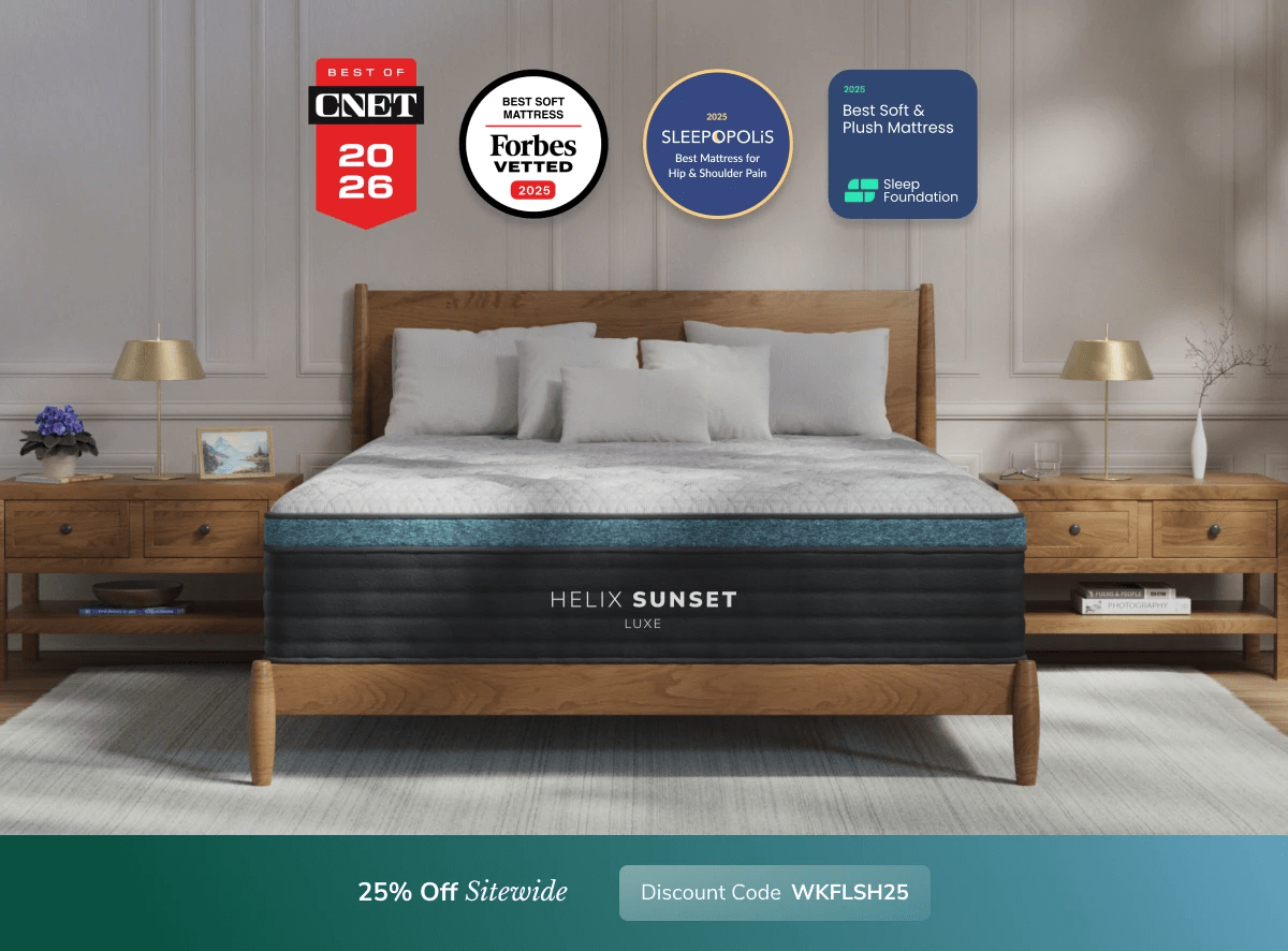 A rendered image of a Helix mattress showing you can get 25% off your order using code WKFLSH