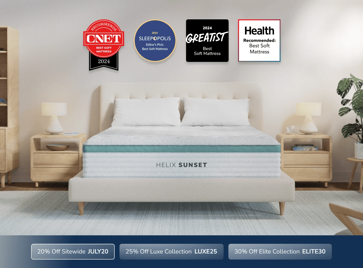 An image of the Helix mattress with a callout to save 20% sitewide using code JULY20