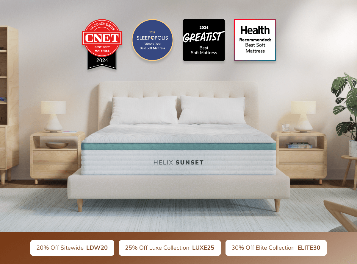 A rendered image of the Helix mattress with a callout to save 20% sitewide with code LDW20