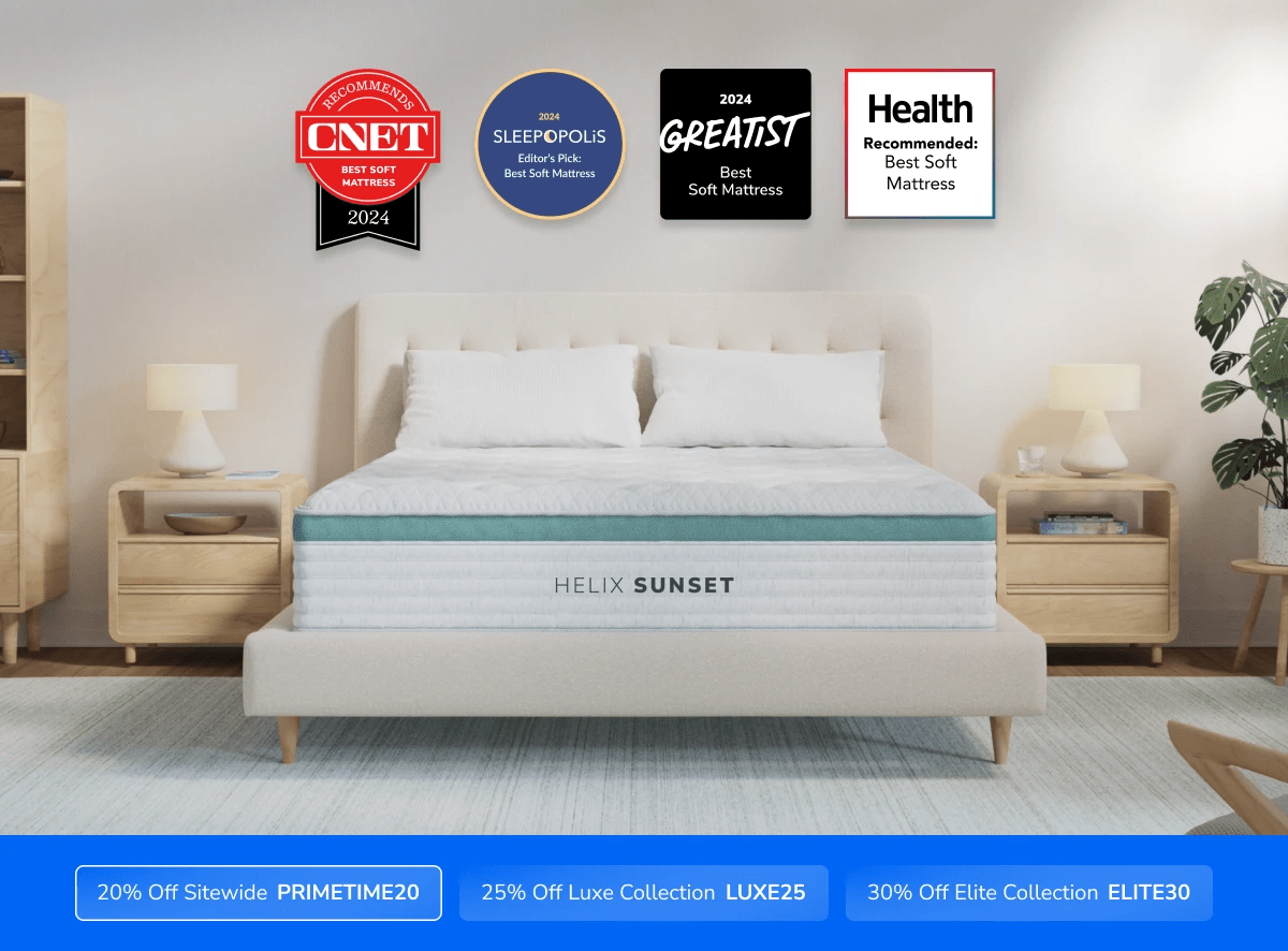 A rendered image of the Helix mattress with a callout to save 20% on your mattress using code PRIMETIME20