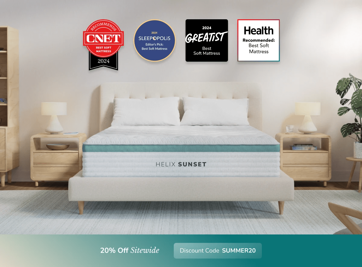 An image of the Helix Luxe mattress in a bedroom scene with a callout to 20% off your order using code SUMMER20