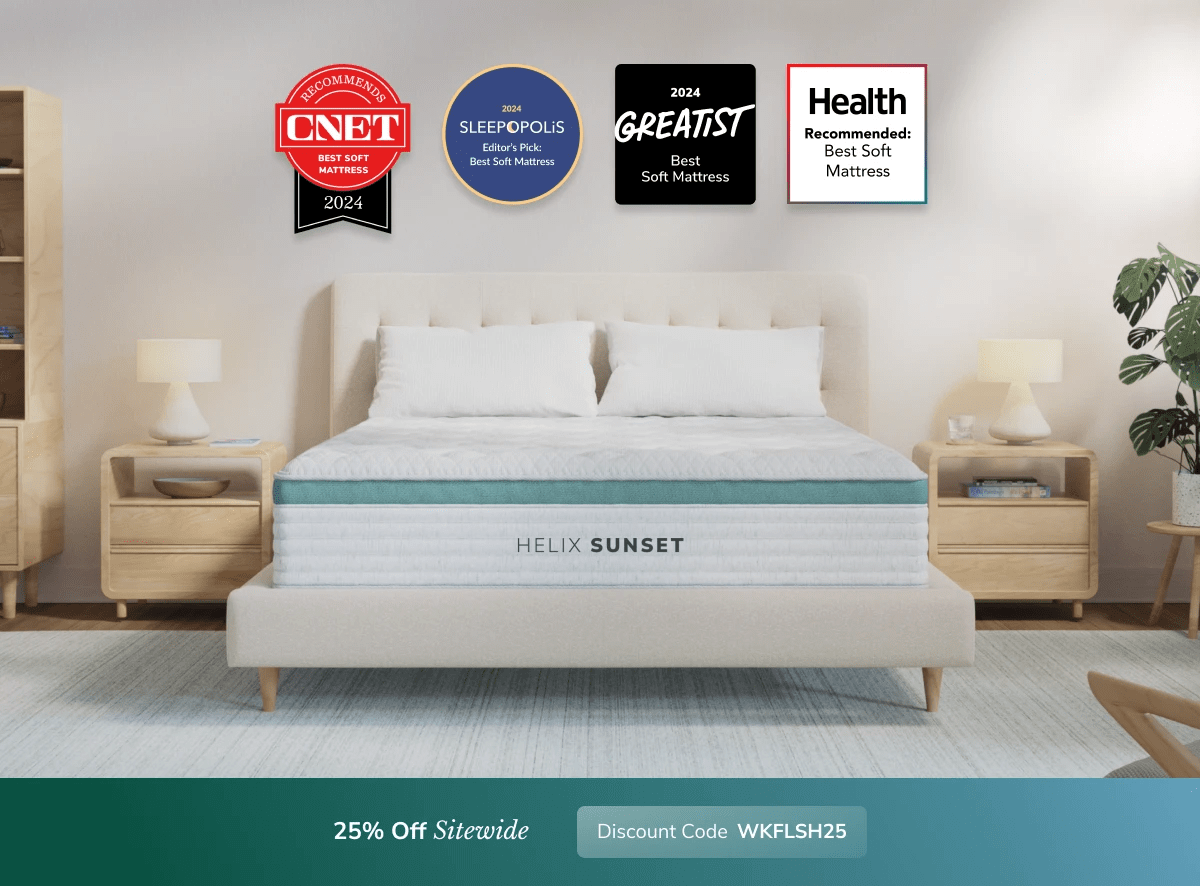 A rendered image of a Helix mattress showing you can get 25% off your order using code WKFLSH25