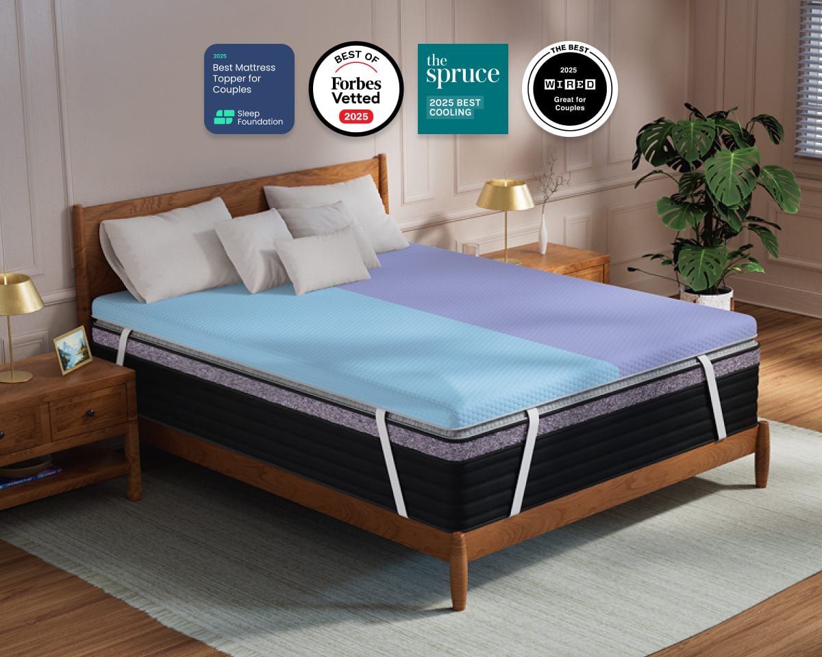 A rendered image of the Dual Comfort Mattress Topper with 4 badges showcases its awards