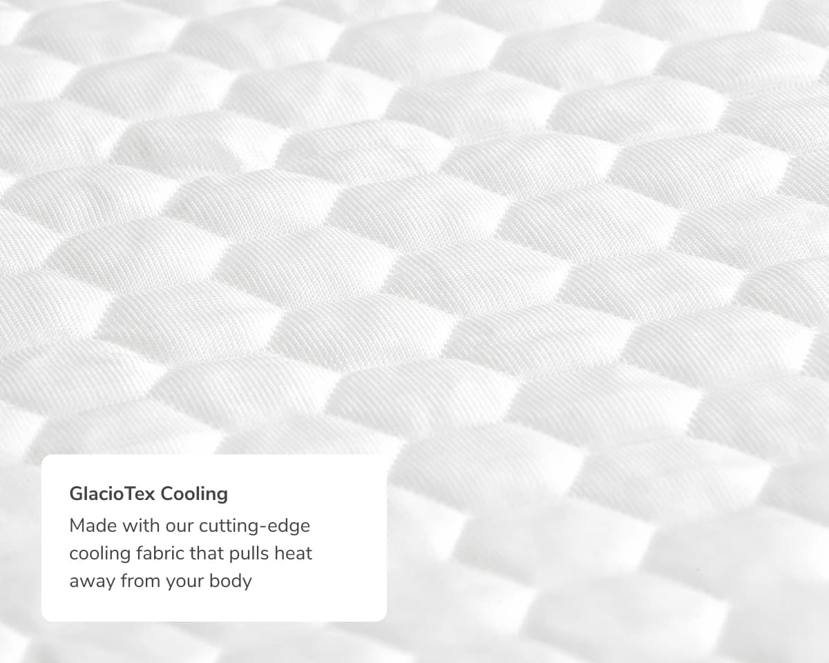 A closeup callout of the GlacioTex cooling fabric explaining how it pulls heat away from your body