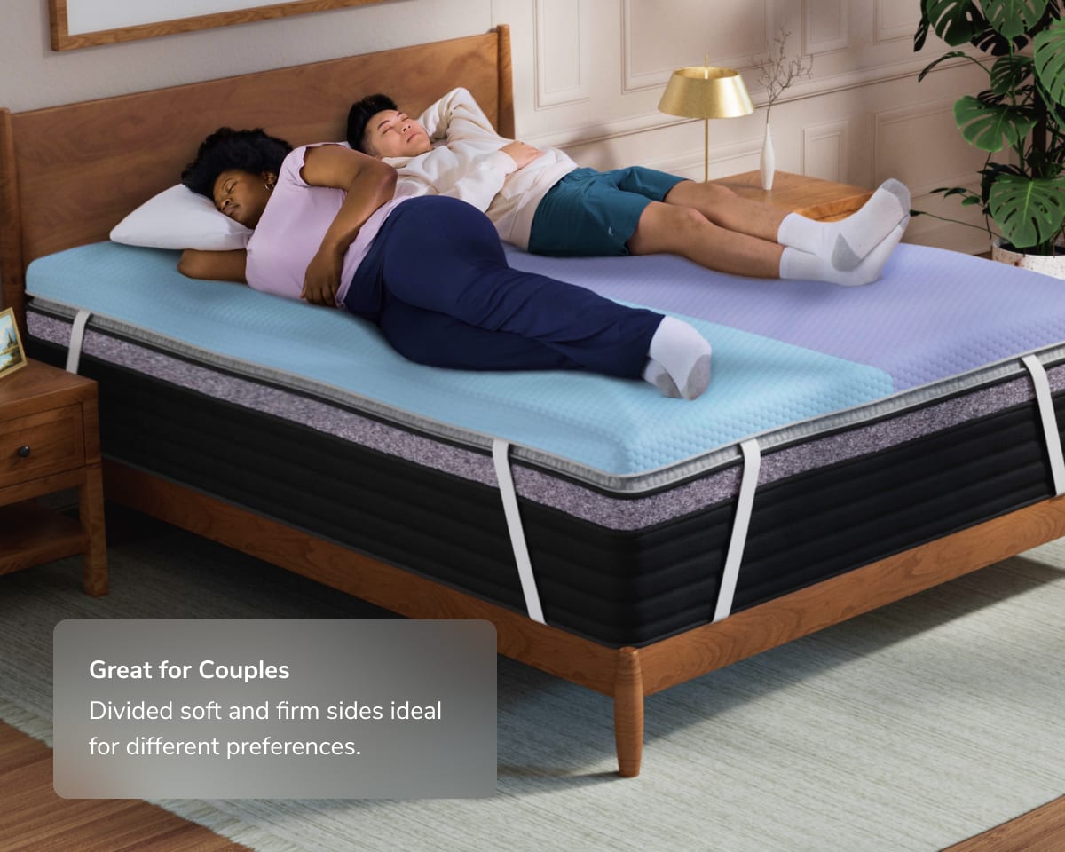 A rendered image showing a couple sleeping on the Dual Comfort Mattress Topper with a callout that it's great for couples