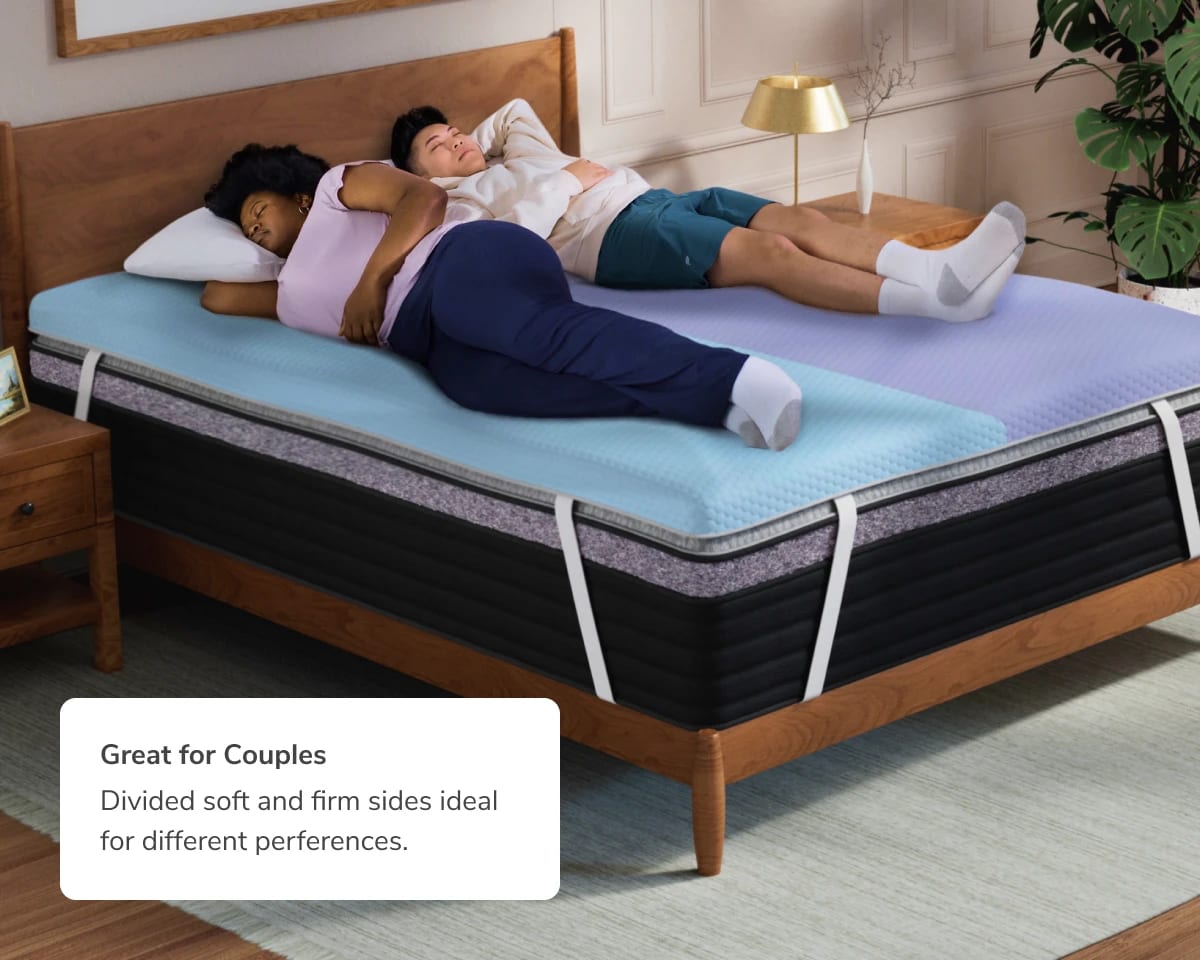 A rendered image calling out the benefits of the Dual Comfort Mattress Topper for couples
