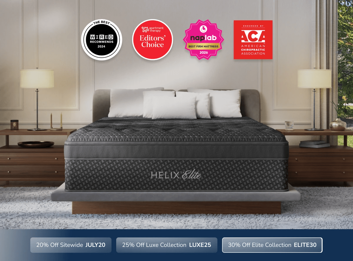An image of the Helix Elite mattress with a callout to save 30% on Elite mattresses with code ELITE30