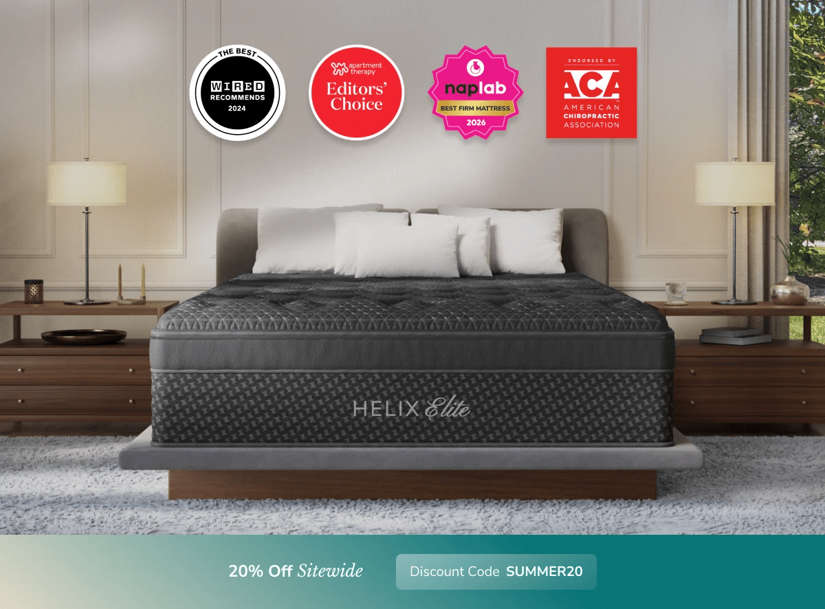 An image of the Helix Luxe mattress in a bedroom scene with a callout to 20% off your order using code SUMMER20