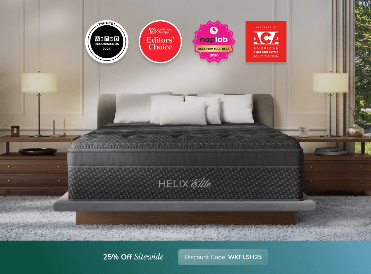 A rendered image of a Helix Elite mattress showing you can get 25% off your order using code WKFLSH25