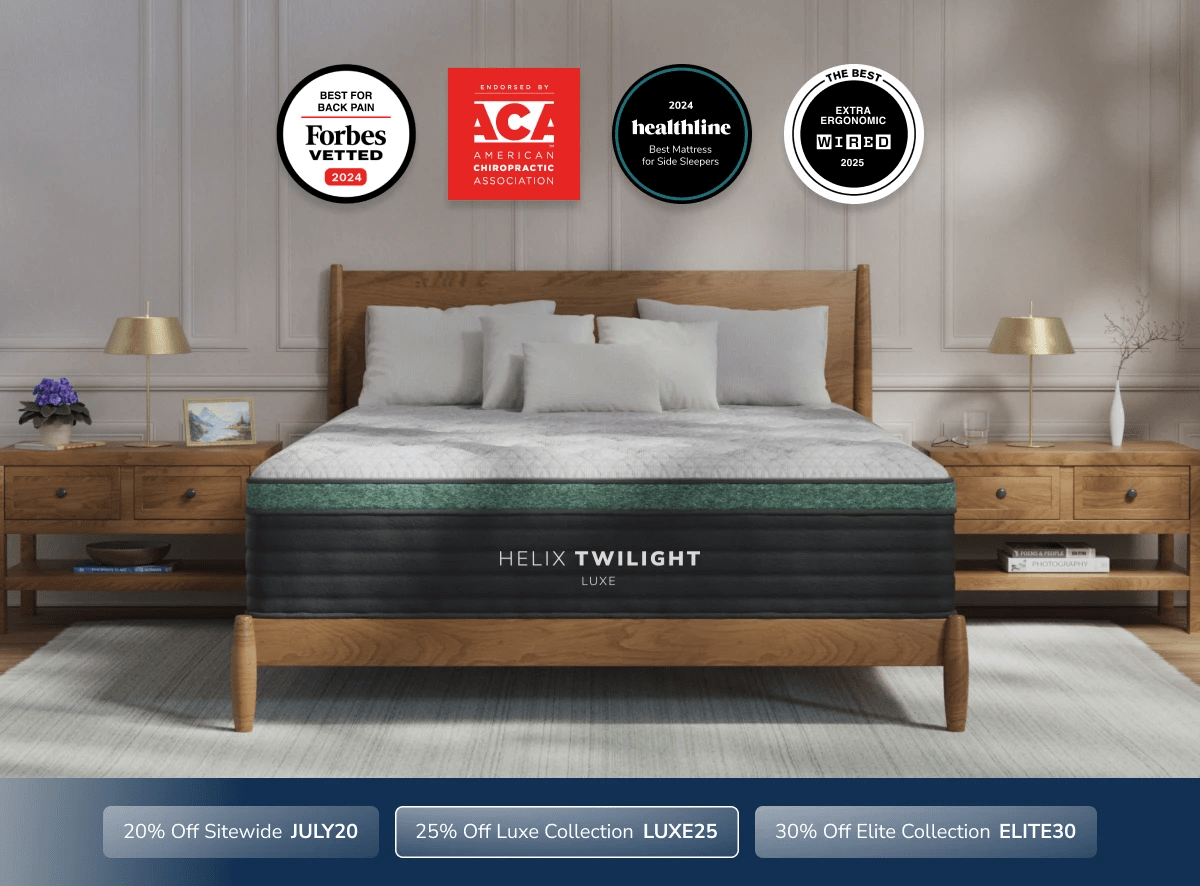 An image of the Helix Luxe mattress with a callout to save 25% on Luxe mattresses using code LUXE25