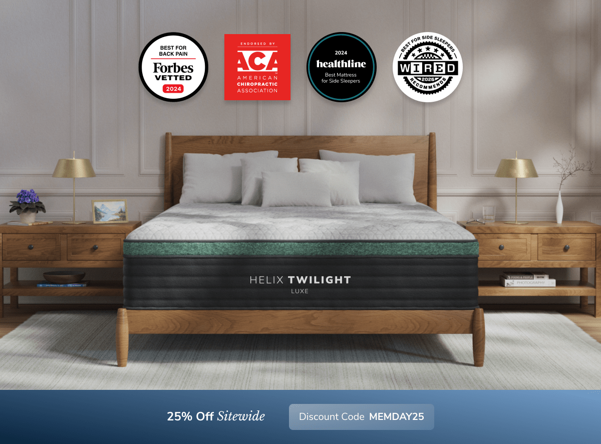 A rendered image showing the Helix Luxe mattress with a callout to save 25% sitewide using code MEMDAY25