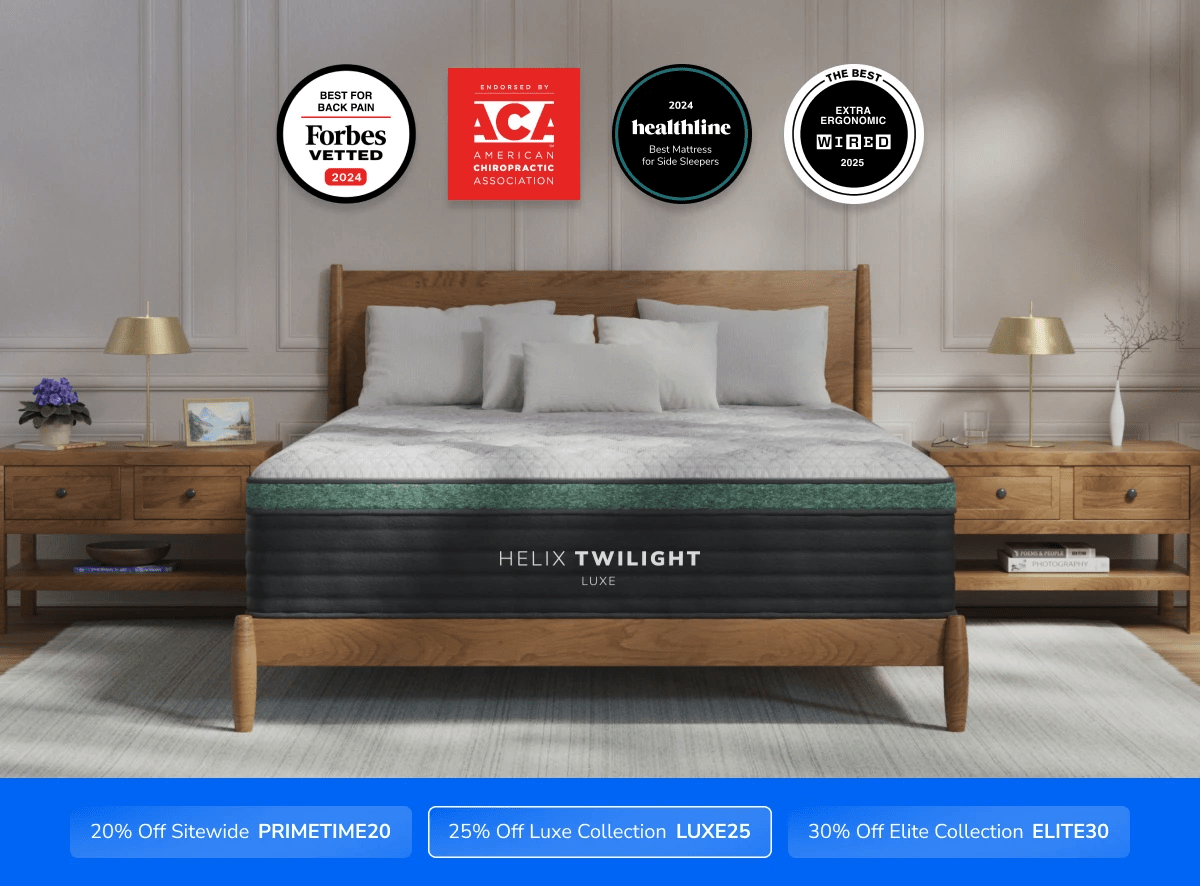A rendered image of the Helix Luxe mattress with a callout to save 25% on your mattress using code LUXE25