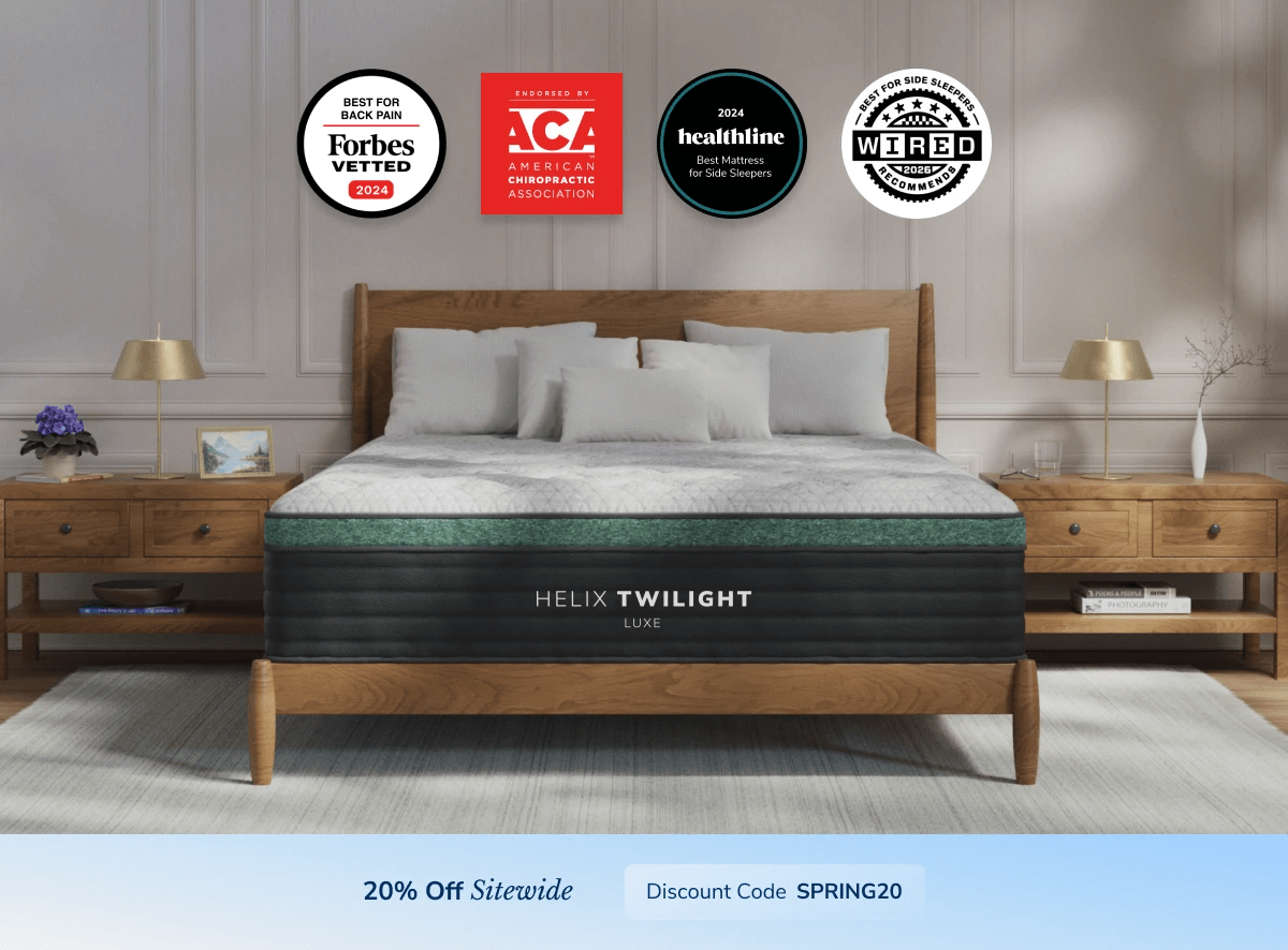 A rendered image of a Helix mattress showing you can get 20% off your order using code SPRING20