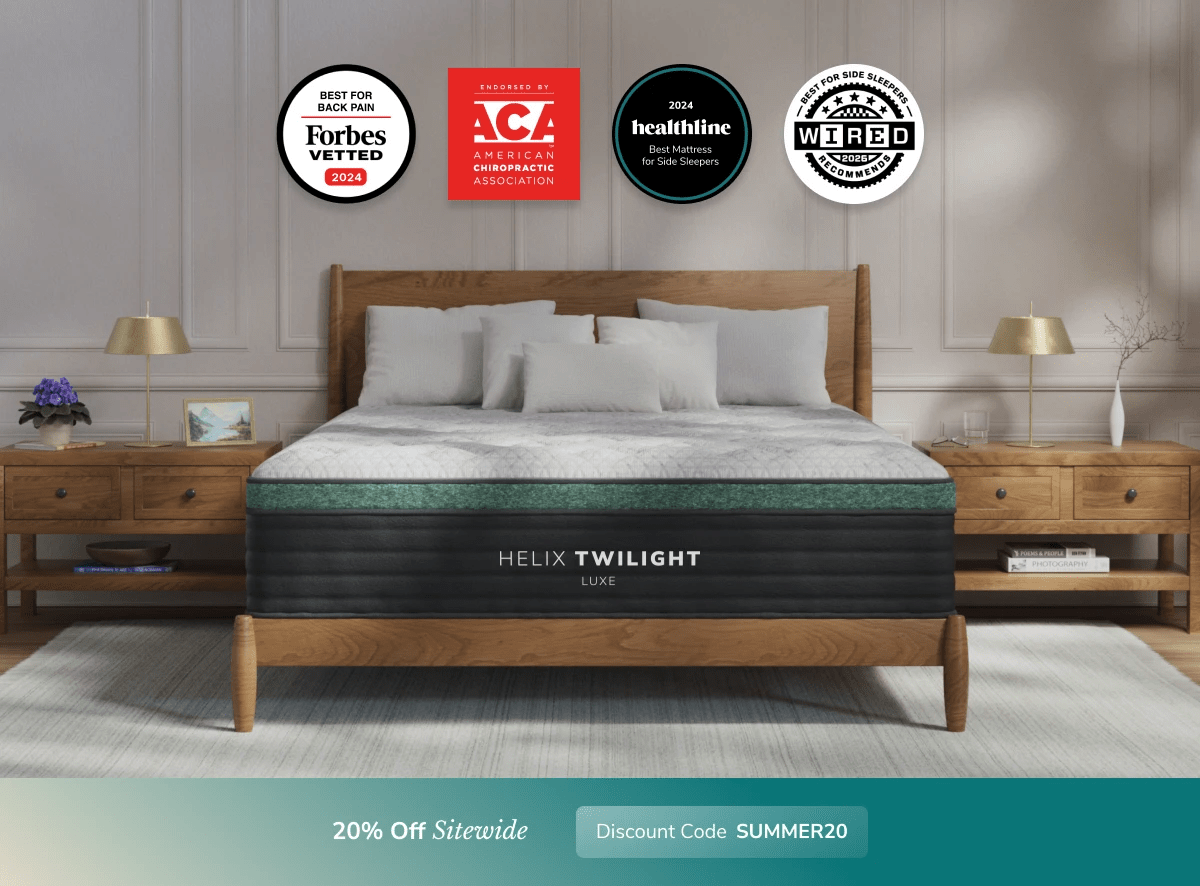 An image of the Helix Luxe mattress in a bedroom scene with a callout to 20% off your order using code SUMMER20