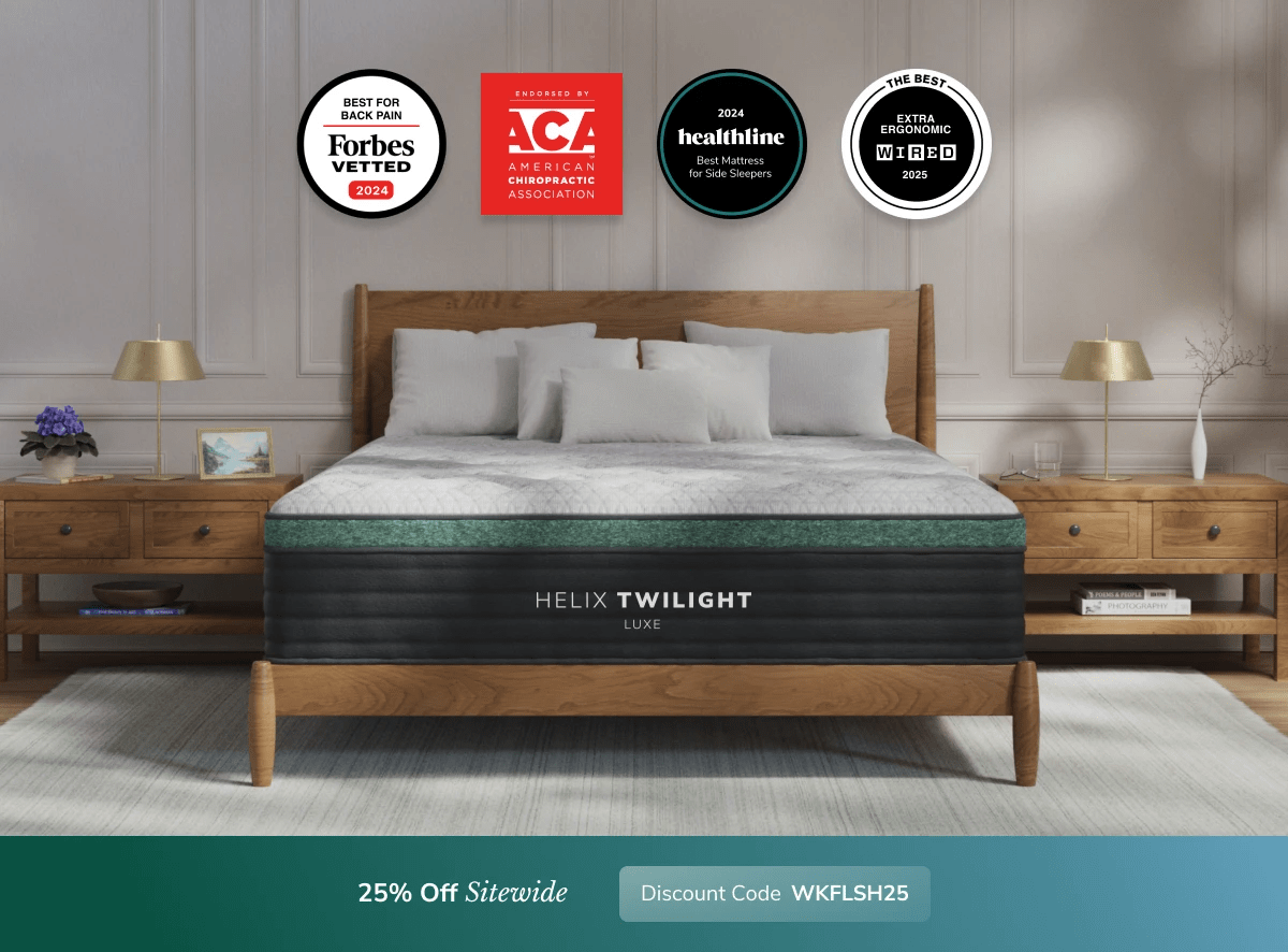 A rendered image of a Helix mattress showing you can get 25% off your order using code WKFLSH