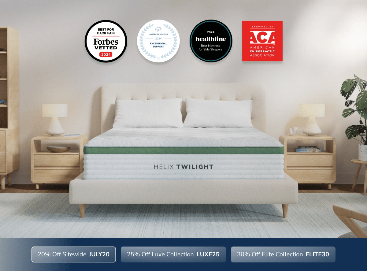 An image of the Helix mattress with a callout to save 20% sitewide using code JULY20