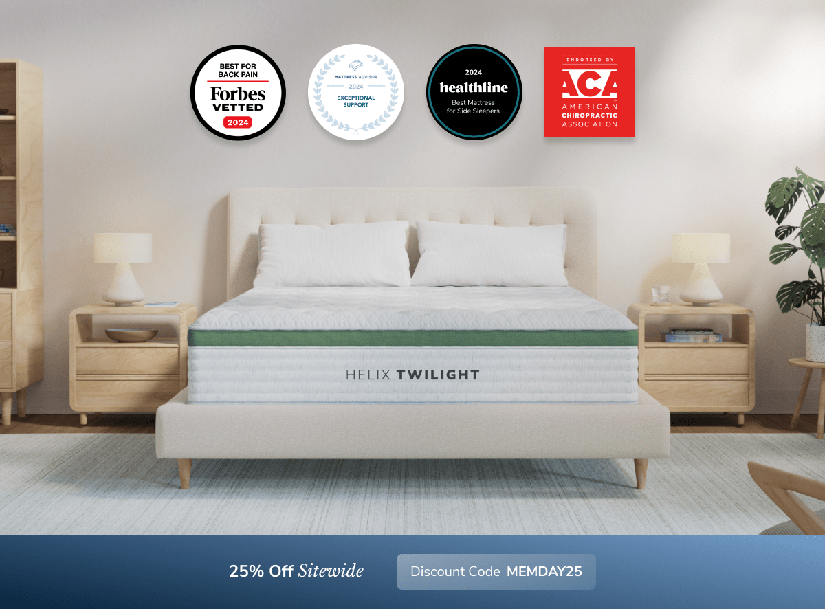 A rendered image showing the Helix mattress with a callout to save 25% sitewide using code MEMDAY25