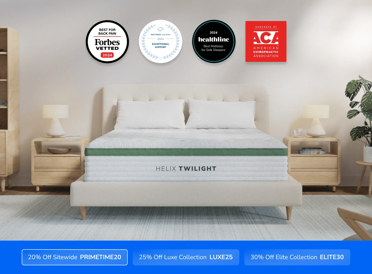 A rendered image of the Helix mattress with a callout to save 20% on your mattress using code PRIMETIME20