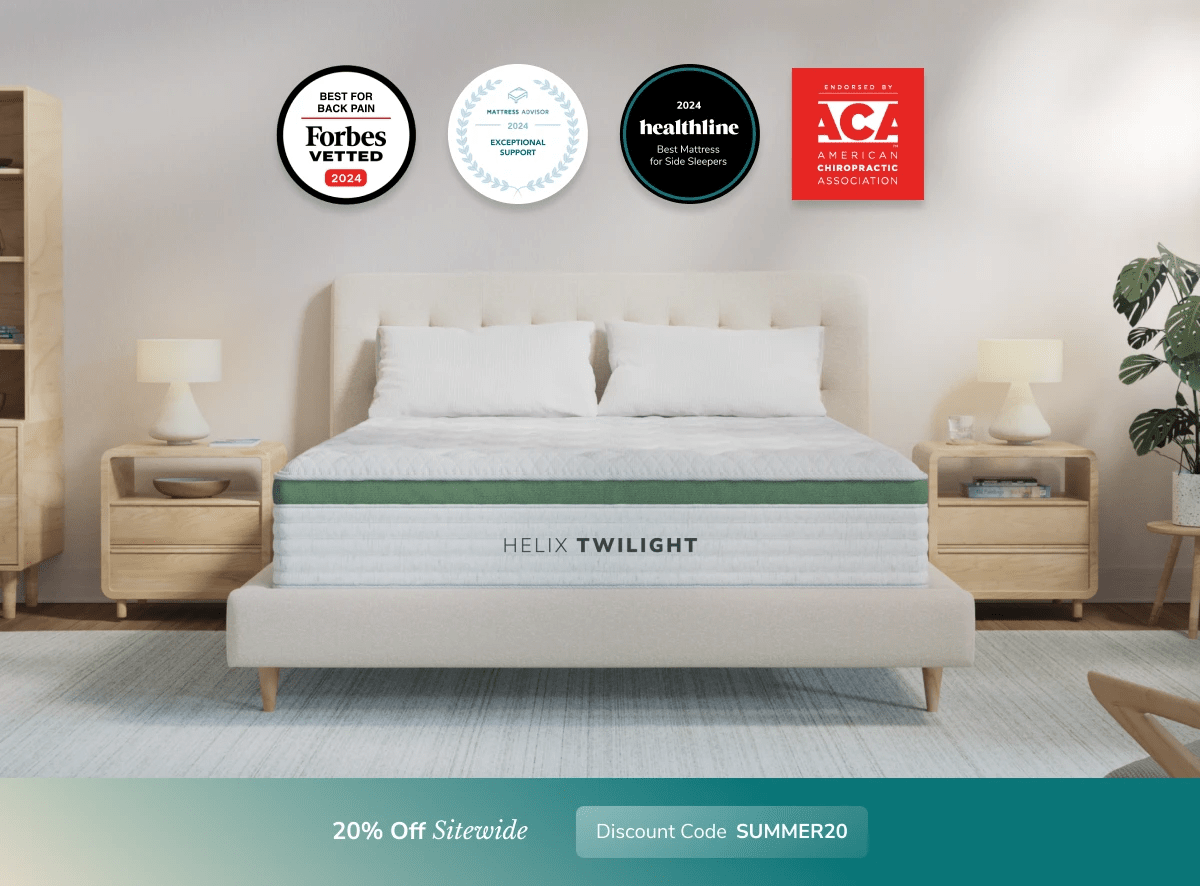 An image of the Helix Luxe mattress in a bedroom scene with a callout to 20% off your order using code SUMMER20