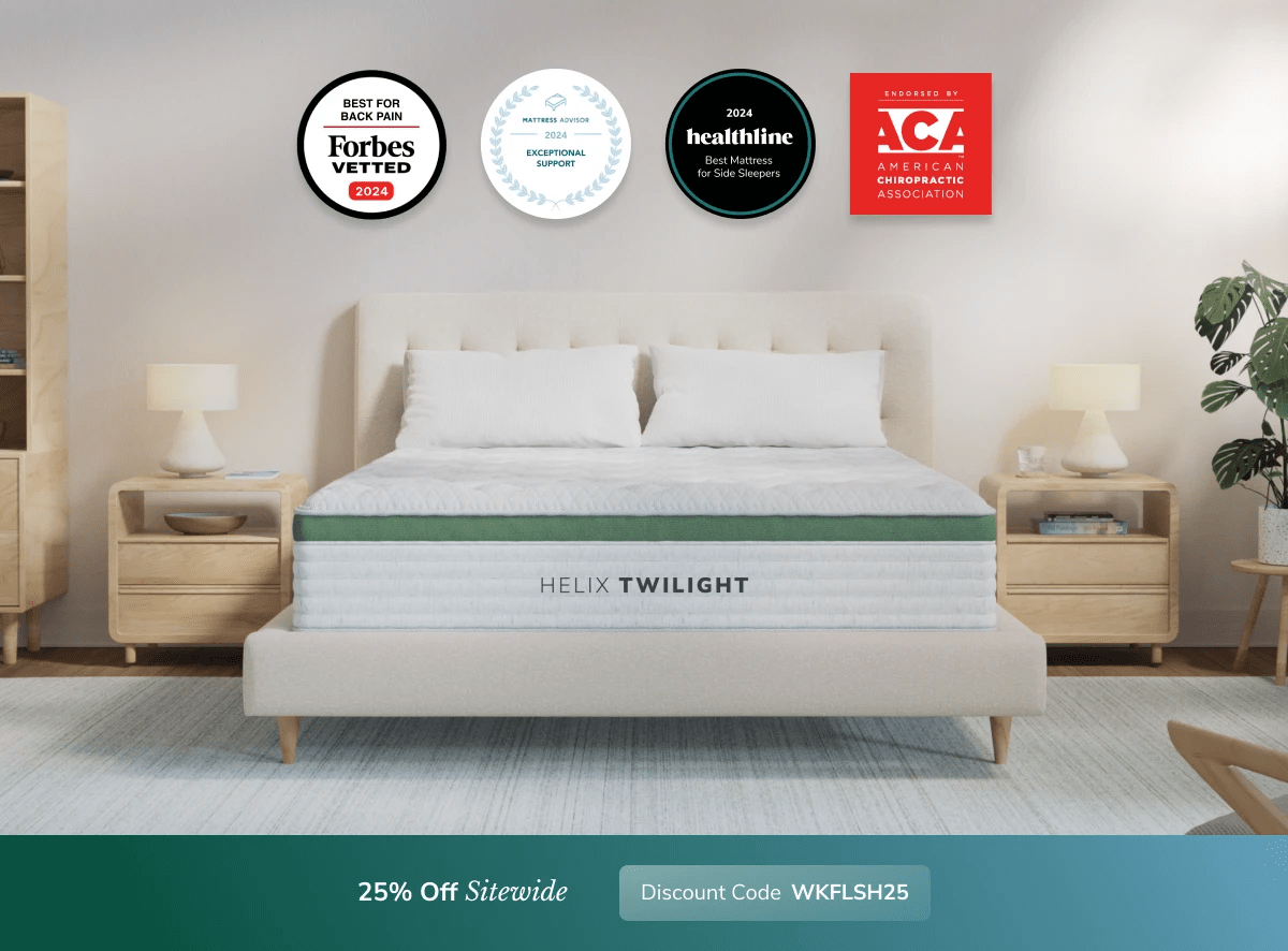 A rendered image of a Helix mattress showing you can get 25% off your order using code WKFLSH25