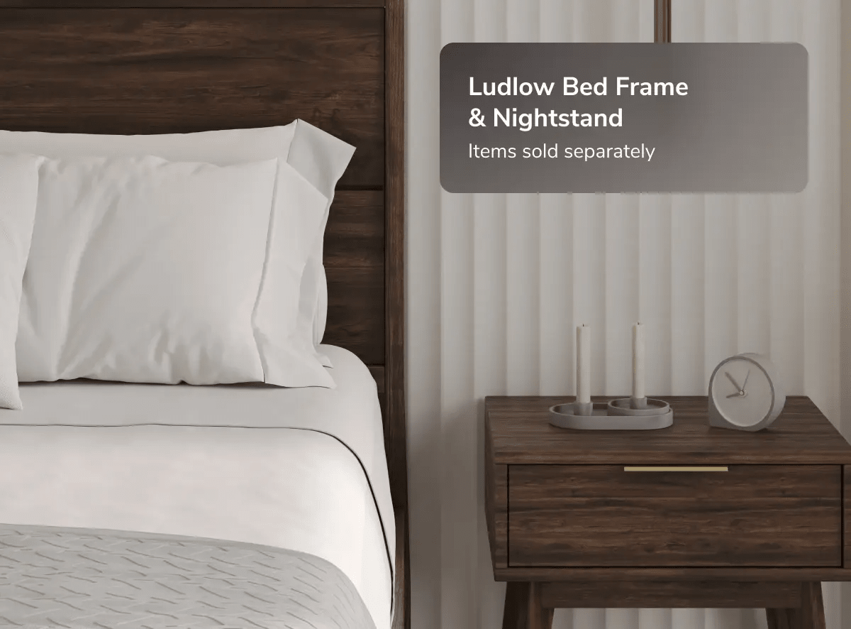 A rendered image of the Ludlow Bed Frame with a callout that the Ludlow Bed Frame and Nightstand are sold separately