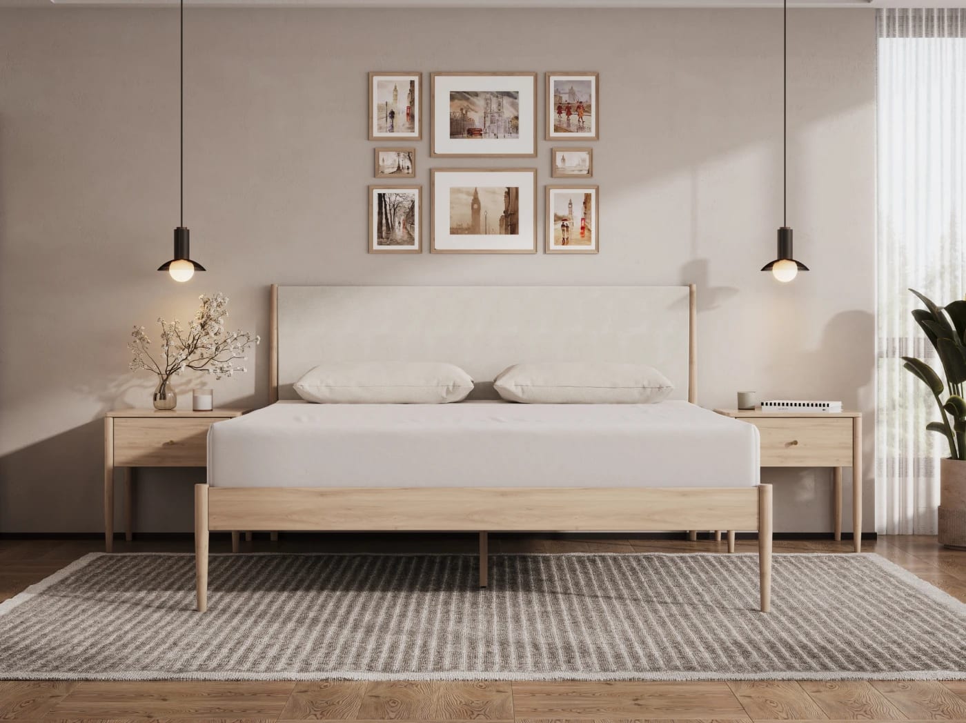 A rendered image of the Waverly Bed Frame in a bedroom scene