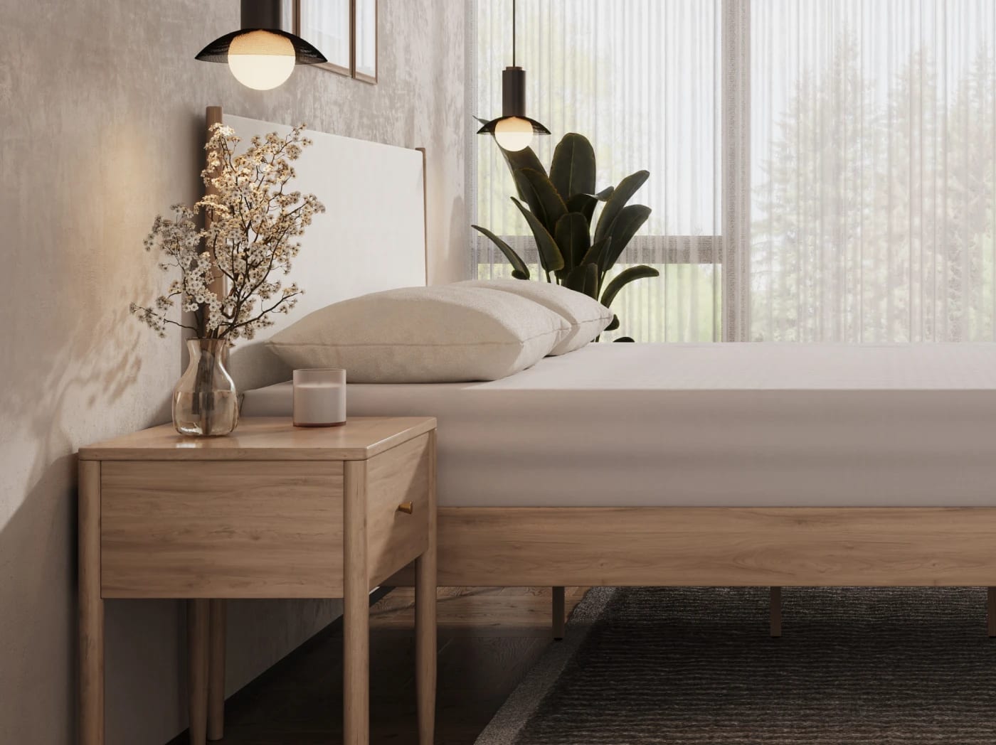 A rendered image of the Waverly Bed Frame in a bedroom scene