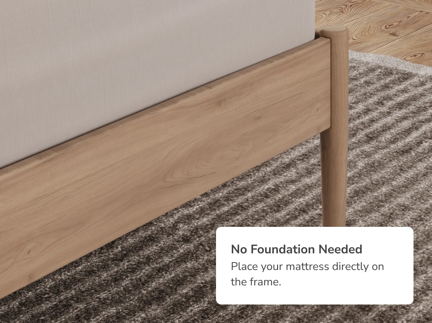 A closeup of the Waverly bed frame with a callout that no additional support or foundation is needed