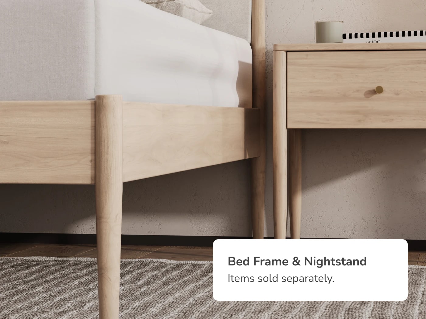 A closeup of the Waverly bed frame with a callout that the bed frame and night stand are sold separately