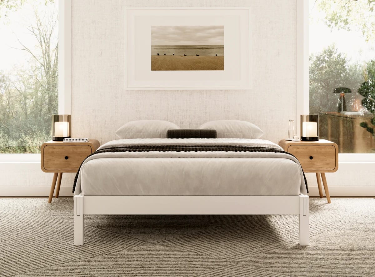 A rendered image of the Madison Bed Frame in a bedroom scene